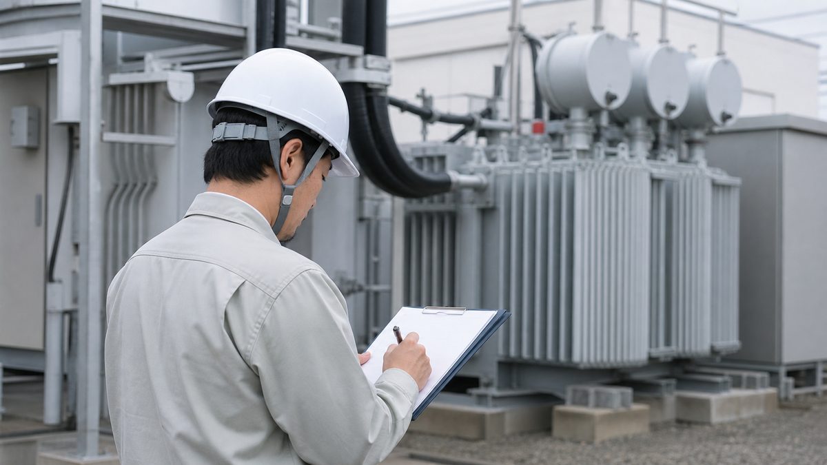 受変電設備の前で点検記録を書き込む作業者