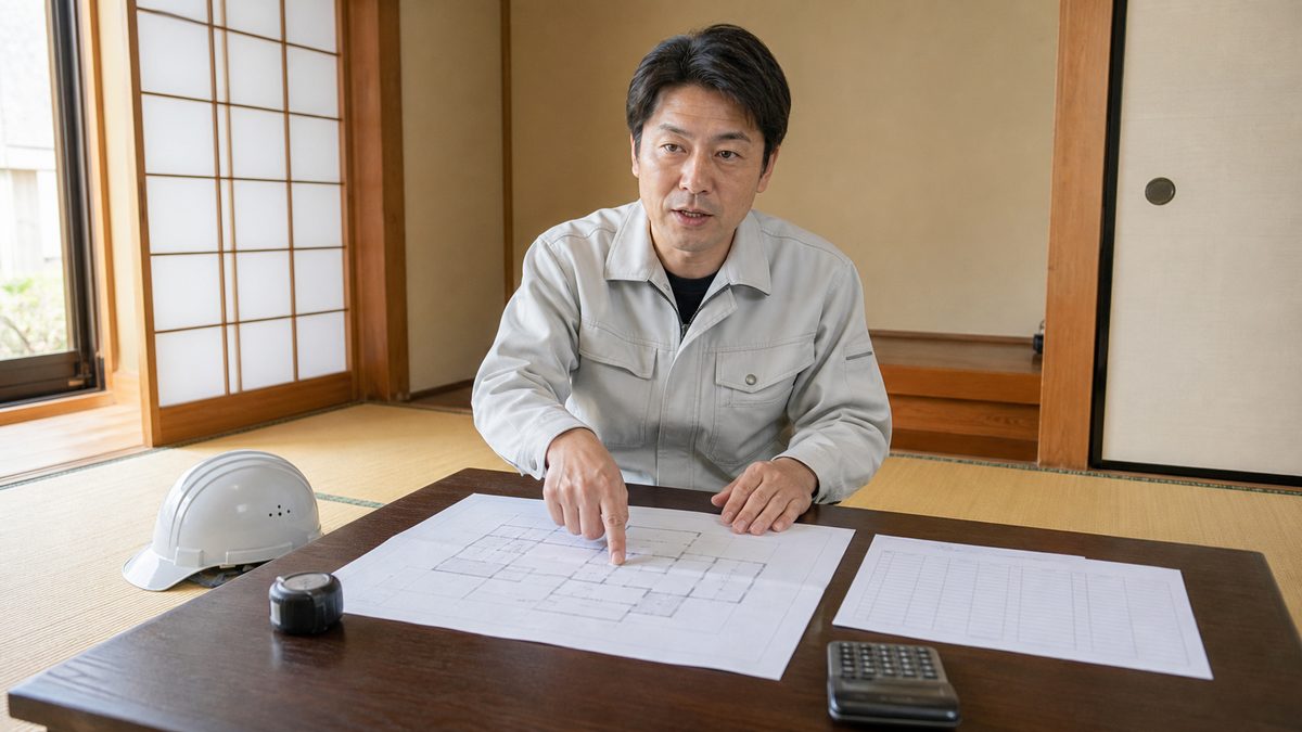 間取り図と見積書を前にした現地調査の打ち合わせ
