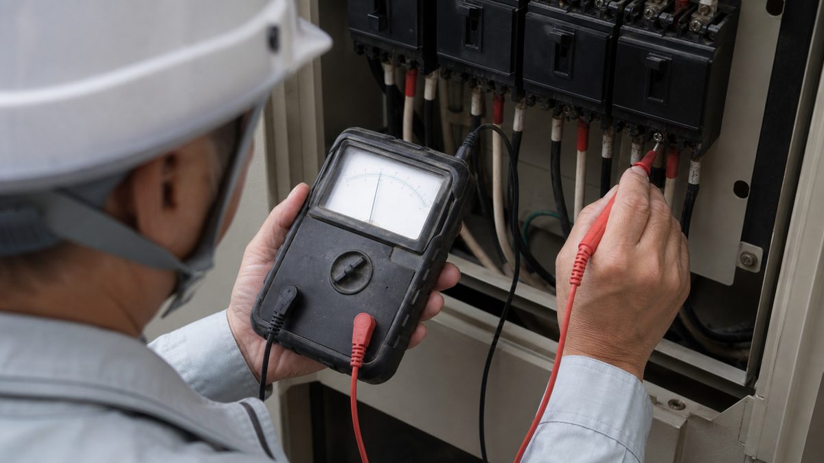 絶縁抵抗計で分電盤を測定する手元