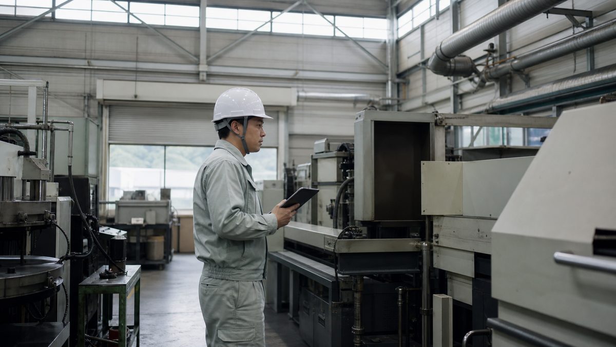 工場の生産設備を確認する作業者