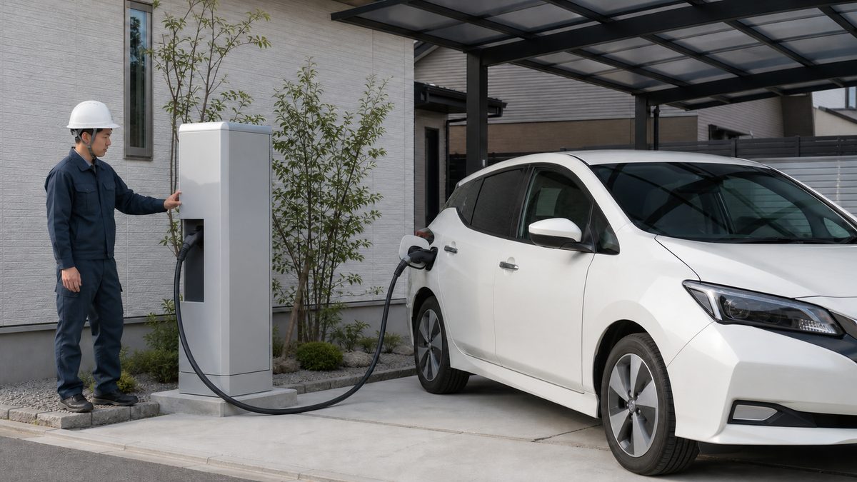 住宅のカーポートに設置されたV2H充放電設備と電気自動車